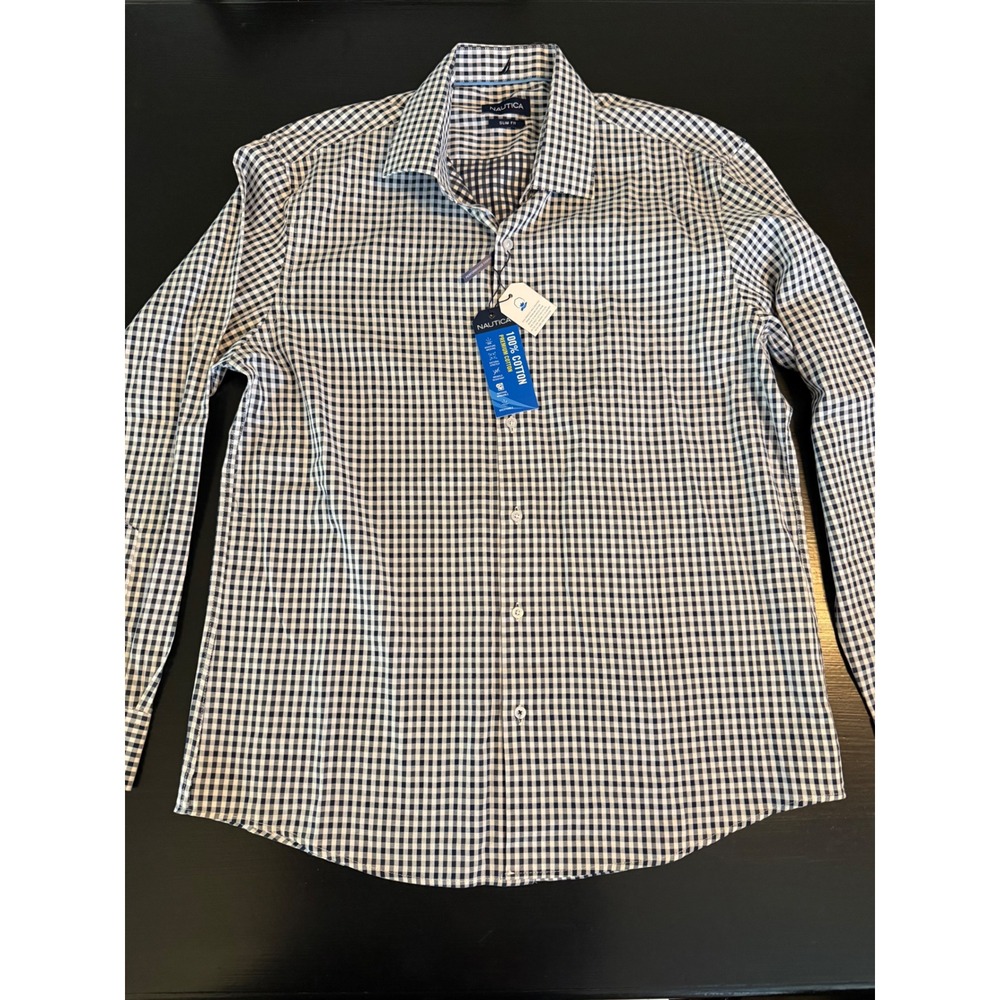 Nautica Mens Slim Fit Gingham Check Long Sleeve Button Down Shirt Navy Blue NEW